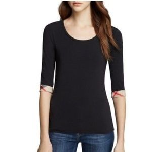 Burberry 3/4 Sleeve Black Top w/ Plaid Roll Sleeve